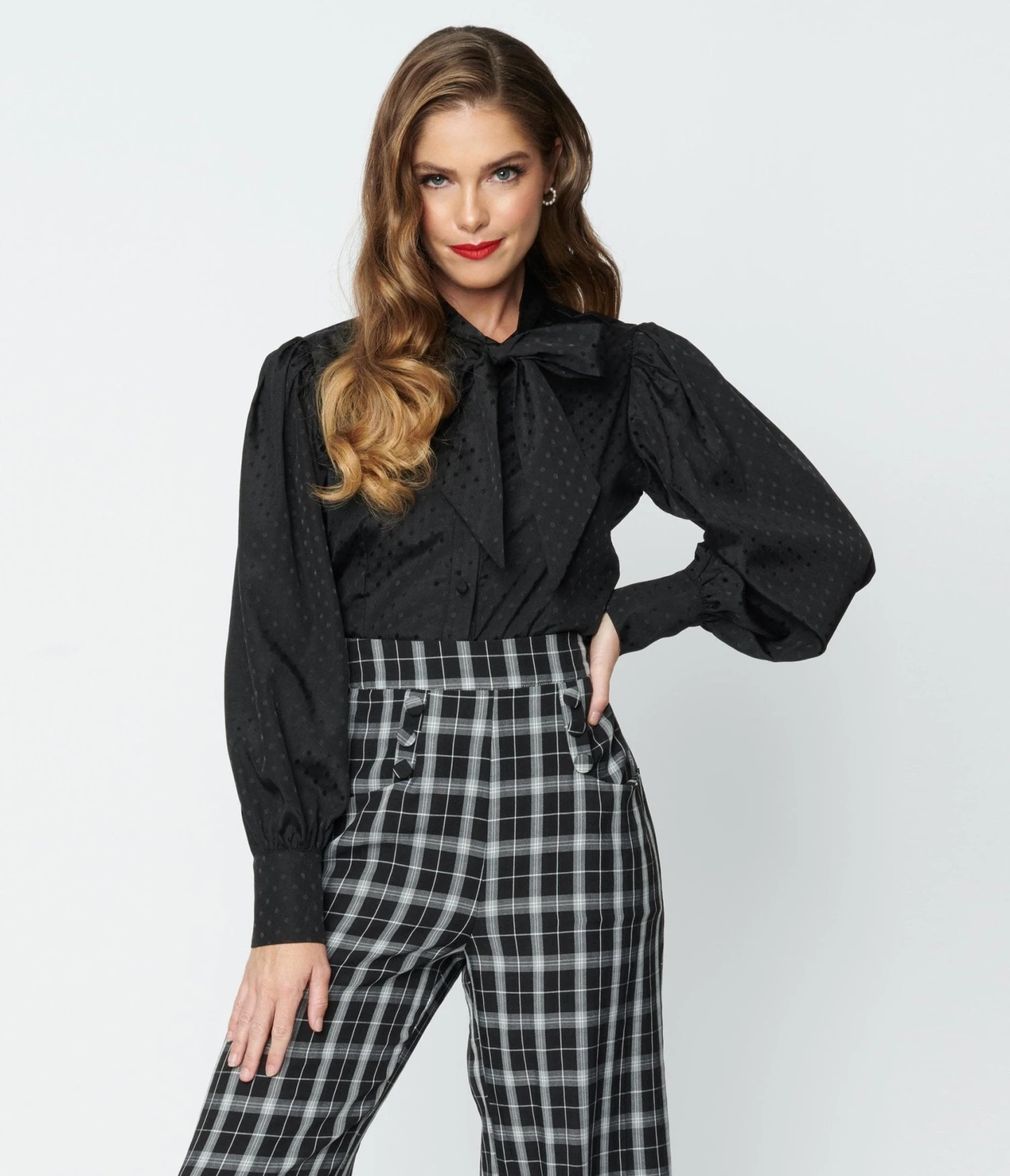 Unique Vintage Black Satin Polka Dot Gwen Blouse 1 Unique Vintage Black Satin Polka Dot Gwen Blouse