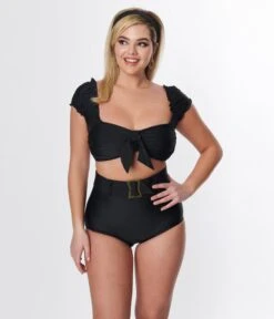 Unique Vintage Black Shirred Bow Bandeau Swim Top -New Dress Store unique vintage black shirred bow bandeau swim top 235360