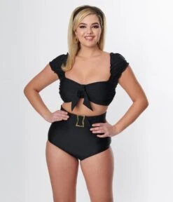 Unique Vintage Black Shirred Bow Bandeau Swim Top -New Dress Store unique vintage black shirred bow bandeau swim top 462753