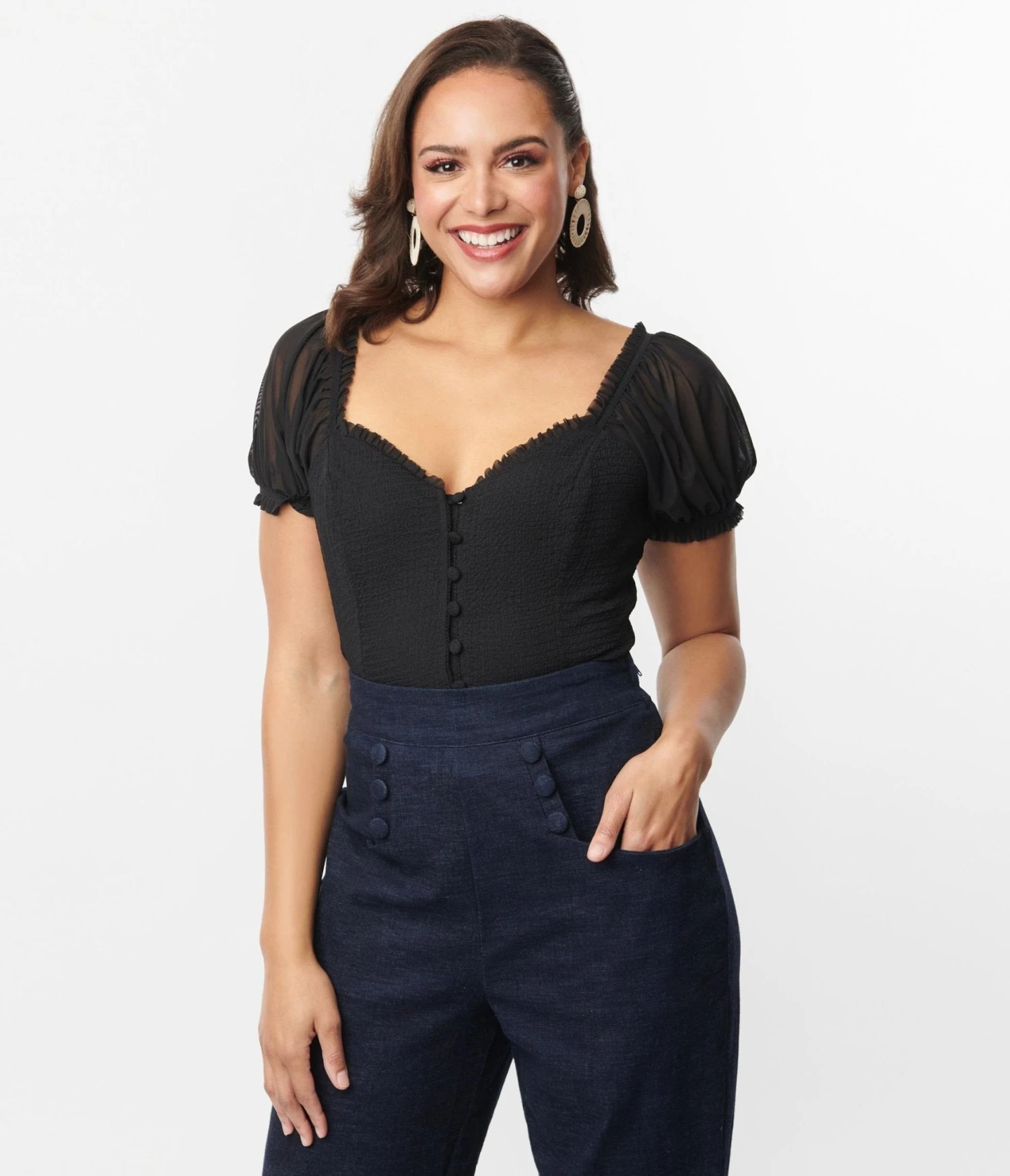 Unique Vintage Black Textured Sweetheart Puff Sleeve Top 1 Unique Vintage Black Textured Sweetheart Puff Sleeve Top