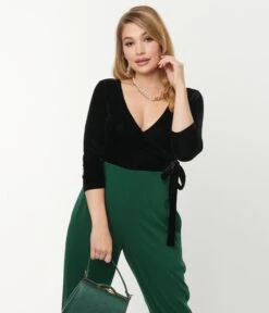 Unique Vintage Black Velvet Surplice Bodysuit