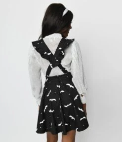 Unique Vintage Black & White Bats Ruffle Pinafore -New Dress Store unique vintage black white bats ruffle pinafore 636926