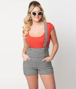 Unique Vintage Black & White Gingham Pinafore Shorts -New Dress Store unique vintage black white gingham pinafore shorts 807635