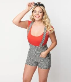 Unique Vintage Black & White Gingham Pinafore Shorts -New Dress Store unique vintage black white gingham pinafore shorts 974591