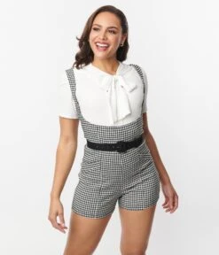 Unique Vintage Black & White Gingham Suspender Shorts -New Dress Store unique vintage black white gingham suspender shorts 290254