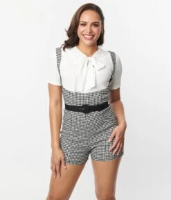 Unique Vintage Black & White Gingham Suspender Shorts -New Dress Store unique vintage black white gingham suspender shorts 706030