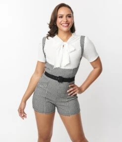 Unique Vintage Black & White Gingham Suspender Shorts -New Dress Store unique vintage black white gingham suspender shorts 898019
