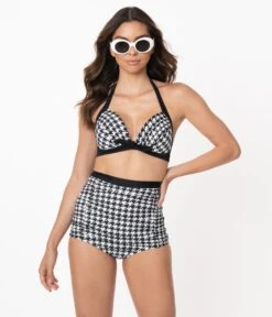 Unique Vintage Black & White Houndstooth Monroe High Waist Swim Bottom