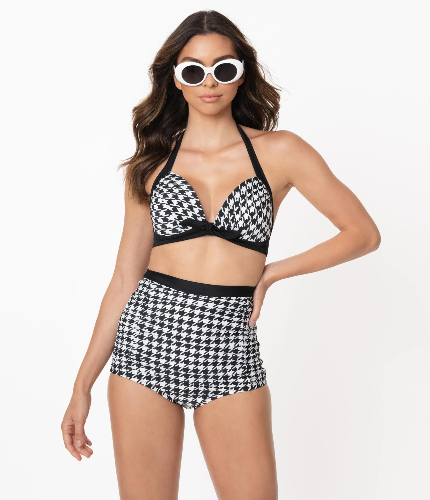Unique Vintage Black & White Houndstooth Monroe High Waist Swim Bottom 1 Unique Vintage Black & White Houndstooth Monroe High Waist Swim Bottom