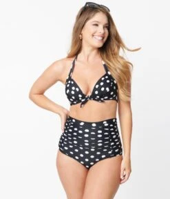 Unique Vintage Black & White Polka Dot Print Monroe Halter Bikini Top -New Dress Store unique vintage black white polka dot print monroe halter bikini top 348761