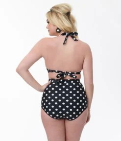 Unique Vintage Black & White Polka Dot Ruched Swim Bottom -New Dress Store unique vintage black white polka dot ruched swim bottom 954510