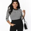Unique Vintage Black & White Stripe Three Quarter Sleeve Sweetie Knit Top