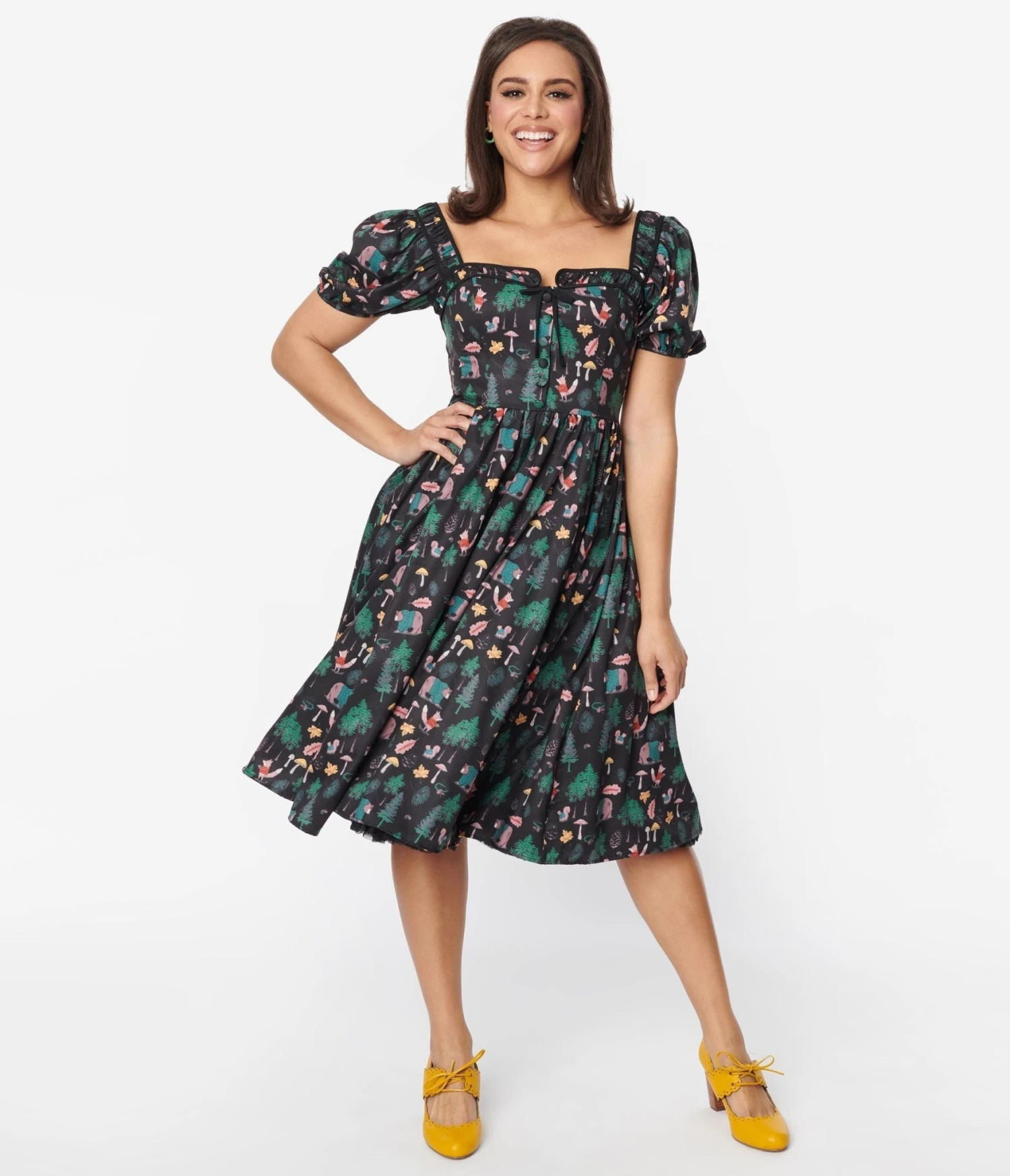 Unique Vintage Black Woodland Creature Button Front Dress 1 Unique Vintage Black Woodland Creature Button Front Dress