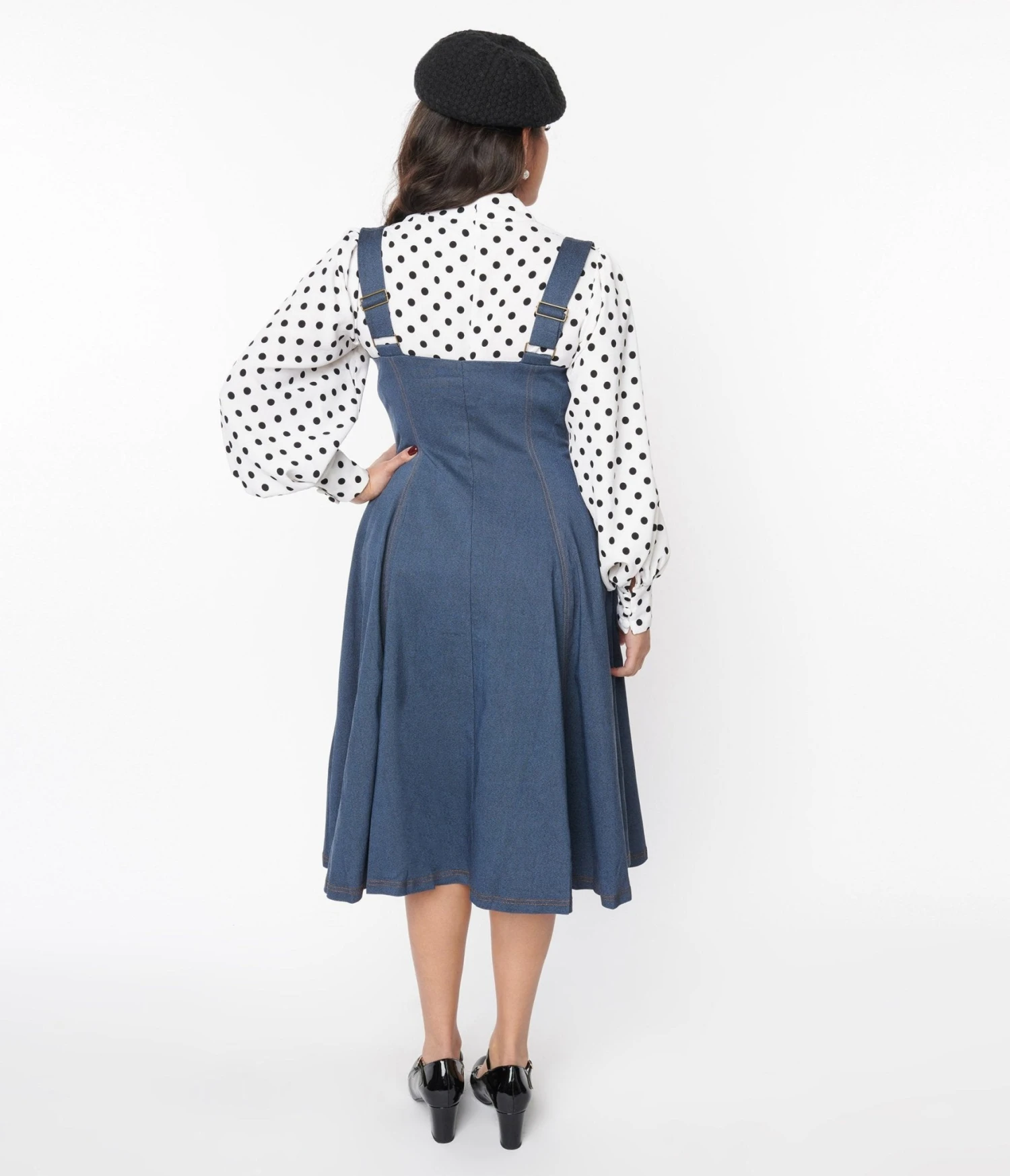 Unique Vintage Blue Denim Button Suspender Swing Skirt 3 Unique Vintage Blue Denim Button Suspender Swing Skirt - Image 3