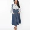 Unique Vintage Blue Denim Button Suspender Swing Skirt