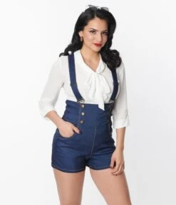 Unique Vintage Blue Denim Pinafore Shorts -New Dress Store unique vintage blue denim pinafore shorts 851220