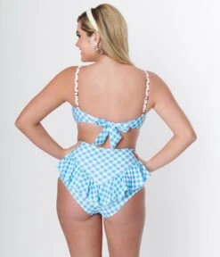 Unique Vintage Blue Gingham Ruffle High Waist Swim Bottom 8 Unique Vintage Blue Gingham Ruffle High Waist Swim Bottom -New Dress Store unique vintage blue gingham ruffle high waist swim bottom 652503