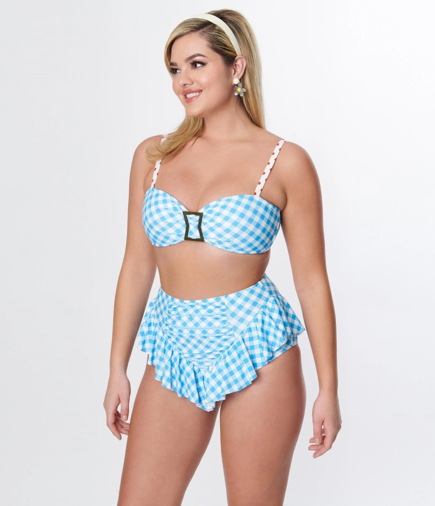 Unique Vintage Blue Gingham Ruffle High Waist Swim Bottom 1 Unique Vintage Blue Gingham Ruffle High Waist Swim Bottom