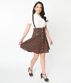 Unique Vintage Brown Plaid Suspender Flare Skirt -New Dress Store unique vintage brown plaid suspender flare skirt 314207