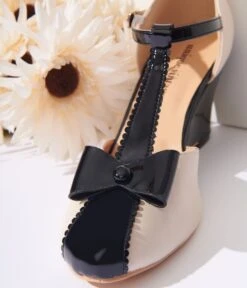 Unique Vintage Cream & Black Bow T-Strap Wedges -New Dress Store unique vintage cream black bow t strap wedges 708223