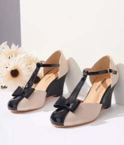 Unique Vintage Cream & Black Bow T-Strap Wedges