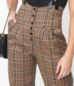 Unique Vintage Dark Beige Windowpane Thelma Suspender Pants -New Dress Store unique vintage dark beige windowpane thelma suspender pants 769514