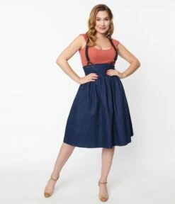 Unique Vintage Dark Denim Blue High Waist Suspender Swing Skirt 9 Unique Vintage Dark Denim Blue High Waist Suspender Swing Skirt -New Dress Store unique vintage dark denim blue high waist suspender swing skirt 148673