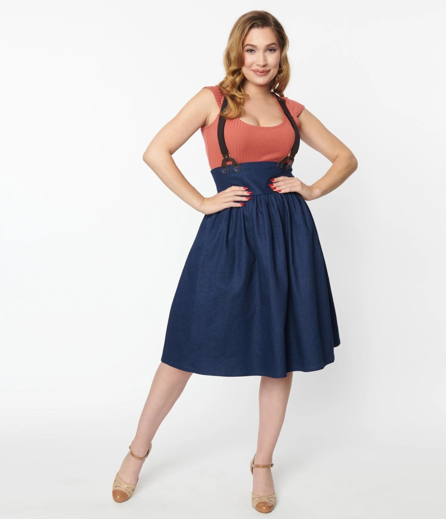 Unique Vintage Dark Denim Blue High Waist Suspender Swing Skirt 5 Unique Vintage Dark Denim Blue High Waist Suspender Swing Skirt - Image 5