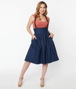 Unique Vintage Dark Denim Blue High Waist Suspender Swing Skirt