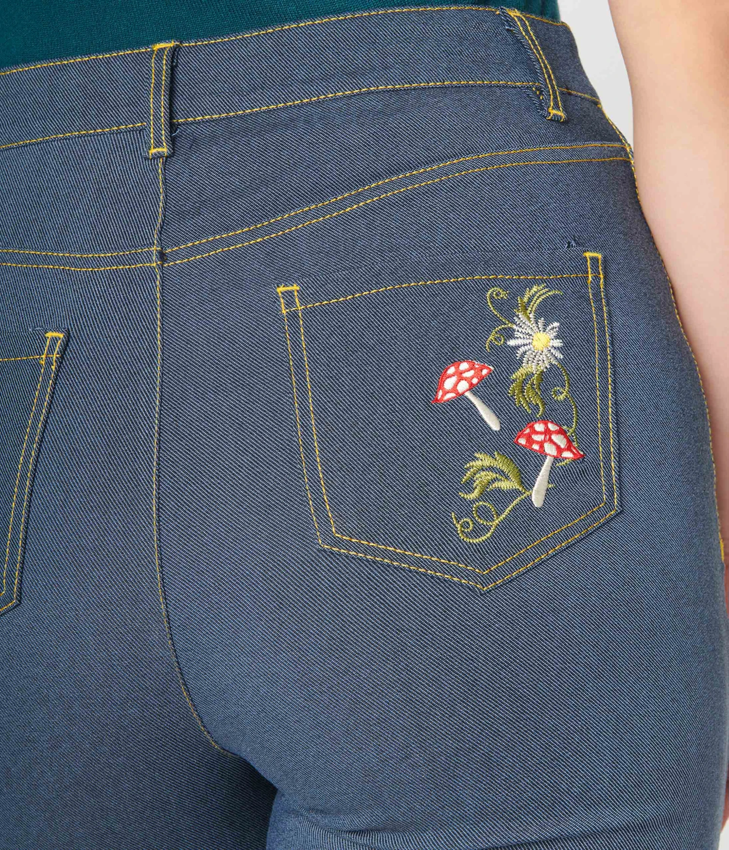 Unique Vintage Denim Mushroom & Daisy Embroidered Rachelle Capri Pants 4 Unique Vintage Denim Mushroom & Daisy Embroidered Rachelle Capri Pants - Image 4