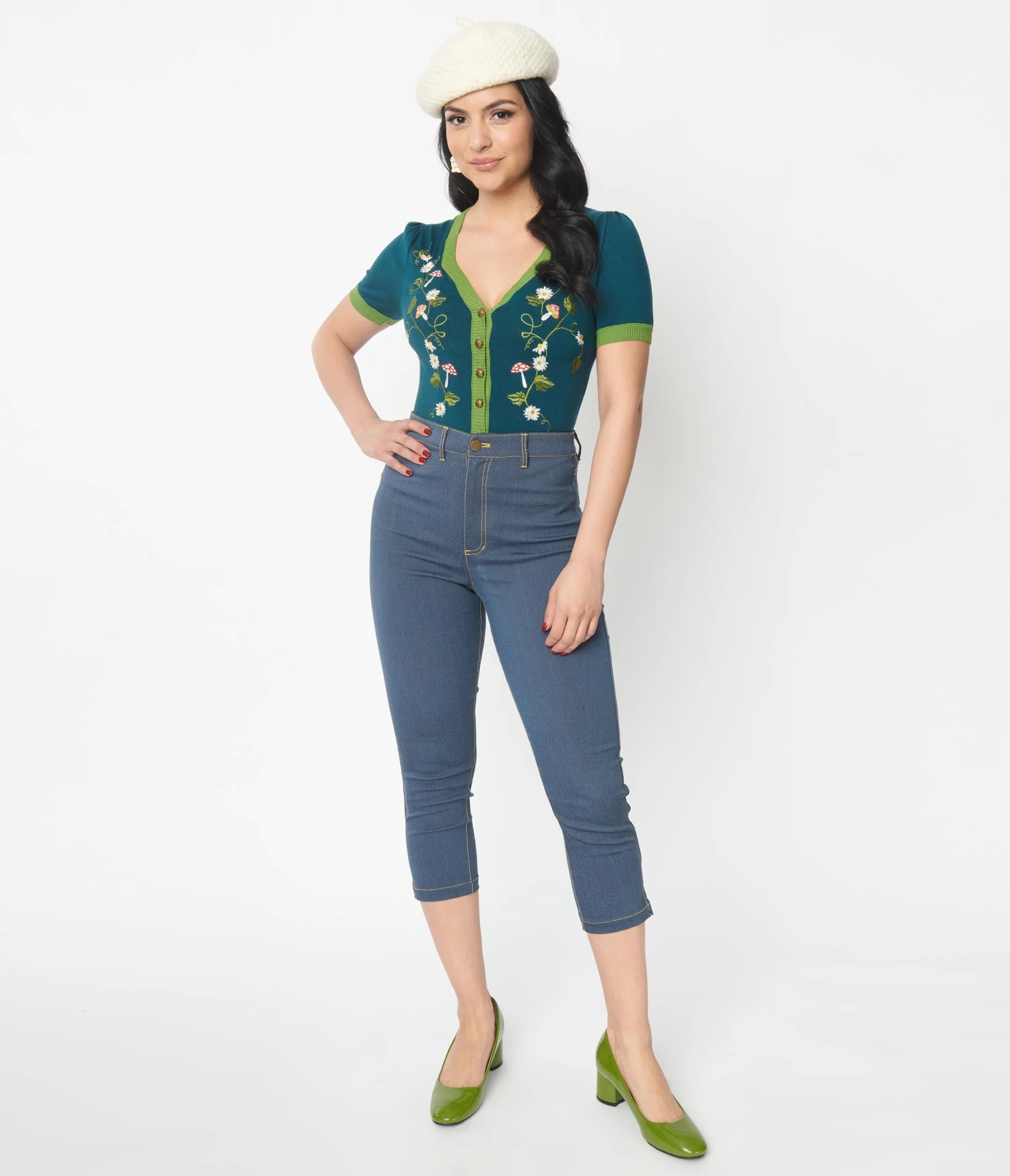 Unique Vintage Denim Mushroom & Daisy Embroidered Rachelle Capri Pants 1 Unique Vintage Denim Mushroom & Daisy Embroidered Rachelle Capri Pants