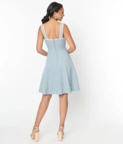 Unique Vintage Dusty Blue Daisy Pinafore Swing Dress -New Dress Store unique vintage dusty blue daisy pinafore swing dress 497971