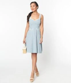 Unique Vintage Dusty Blue Daisy Pinafore Swing Dress -New Dress Store unique vintage dusty blue daisy pinafore swing dress 663588