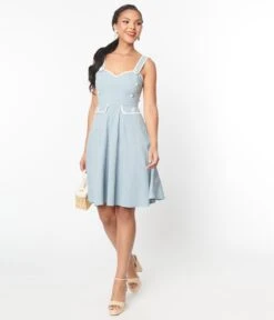 Unique Vintage Dusty Blue Daisy Pinafore Swing Dress -New Dress Store unique vintage dusty blue daisy pinafore swing dress 793810