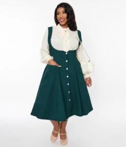 Unique Vintage Emerald & Black Gingham Button Suspender Swing Skirt -New Dress Store unique vintage emerald black gingham button suspender swing skirt 555859