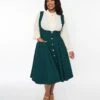 Unique Vintage Emerald & Black Gingham Button Suspender Swing Skirt