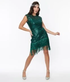 Unique Vintage Emerald Green Sequin Del Mar Flapper Dress