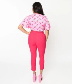 Unique Vintage Hot Pink Belted High Waist Rachelle Capri Pants -New Dress Store unique vintage hot pink belted high waist rachelle capri pants 291450