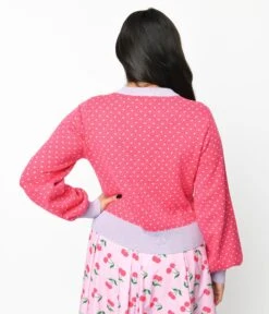Unique Vintage Hot Pink & Lavender Pin Dot Cherry Cropped Cardigan -New Dress Store unique vintage hot pink lavender pin dot cherry cropped cardigan 273301