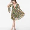 Unique Vintage Hunter Green Floral Empire Waist Dress