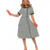 Unique Vintage Ivory & Black Houndstooth Swing Dress