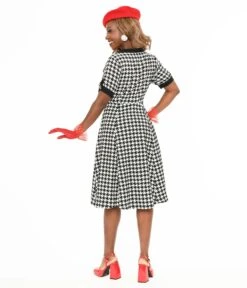 Unique Vintage Ivory & Black Houndstooth Swing Dress -New Dress Store unique vintage ivory black houndstooth swing dress 733603