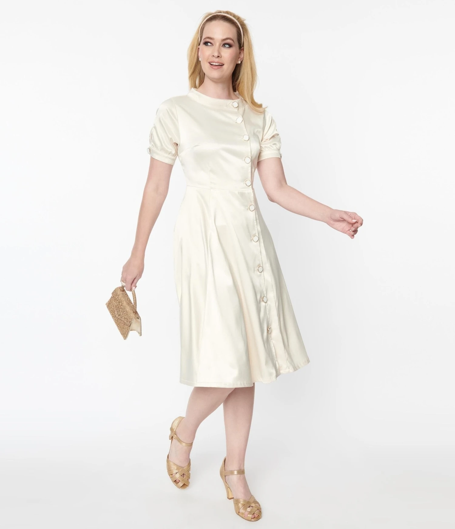 Unique Vintage Ivory Satin Button Bridal Swing Dress 1 Unique Vintage Ivory Satin Button Bridal Swing Dress