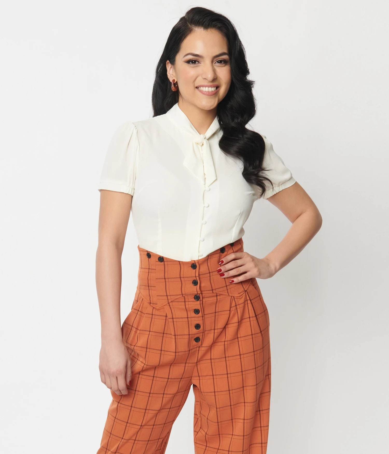 Unique Vintage Ivory Tie Neck Button Blouse 1 Unique Vintage Ivory Tie Neck Button Blouse