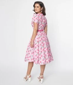 Unique Vintage Lavender & Hot Pink Cherry Print Dahlia Swing Dress -New Dress Store unique vintage lavender hot pink cherry print dahlia swing dress 705182