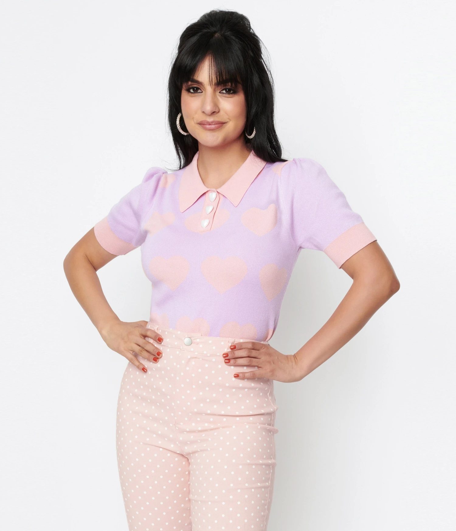 Unique Vintage Lavender & Pink Hearts Short Sleeve Sweater 1 Unique Vintage Lavender & Pink Hearts Short Sleeve Sweater