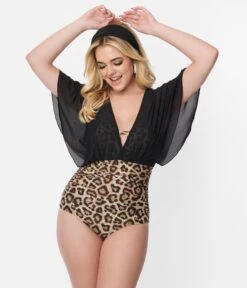Unique Vintage Leopard & Black Mesh Sleeved Torrey Swimsuit -New Dress Store unique vintage leopard black mesh sleeved torrey swimsuit 401791