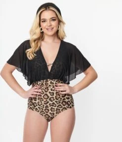 Unique Vintage Leopard & Black Mesh Sleeved Torrey Swimsuit -New Dress Store unique vintage leopard black mesh sleeved torrey swimsuit 635096