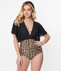 Unique Vintage Leopard & Black Mesh Sleeved Torrey Swimsuit -New Dress Store unique vintage leopard black mesh sleeved torrey swimsuit 736780