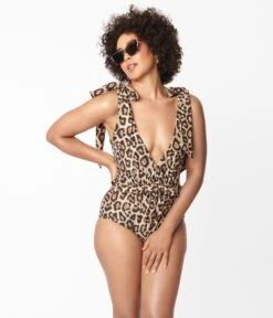 Unique Vintage Leopard Print Plunge One Piece Swimsuit -New Dress Store unique vintage leopard print plunge one piece swimsuit 245508
